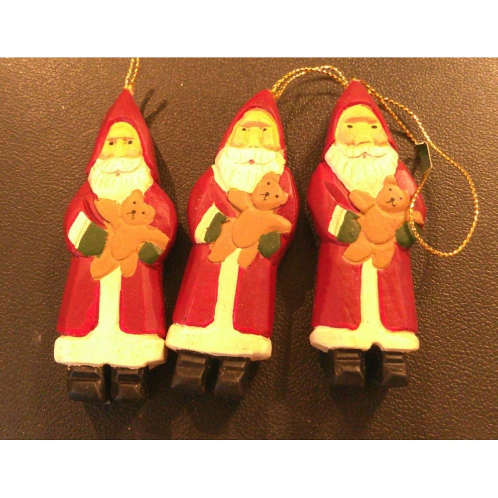 Santa Claus Teddy Bear Christmas Tree Holiday Ornaments Set Of 3 Wood